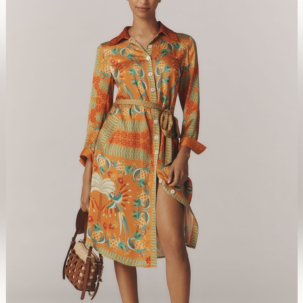 Farm Rio Belted Shirt Dress Tropic of the Macaws NWT